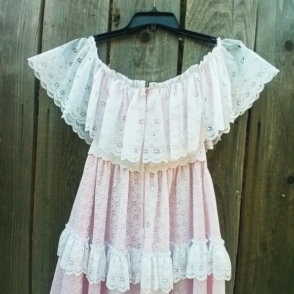 VINTAGE 70'S 80'S DANCE ALLURE MAXI DRESS SZ 8 WHITE PINK OFF SHOULDER TIERED - Picture 11 of 13